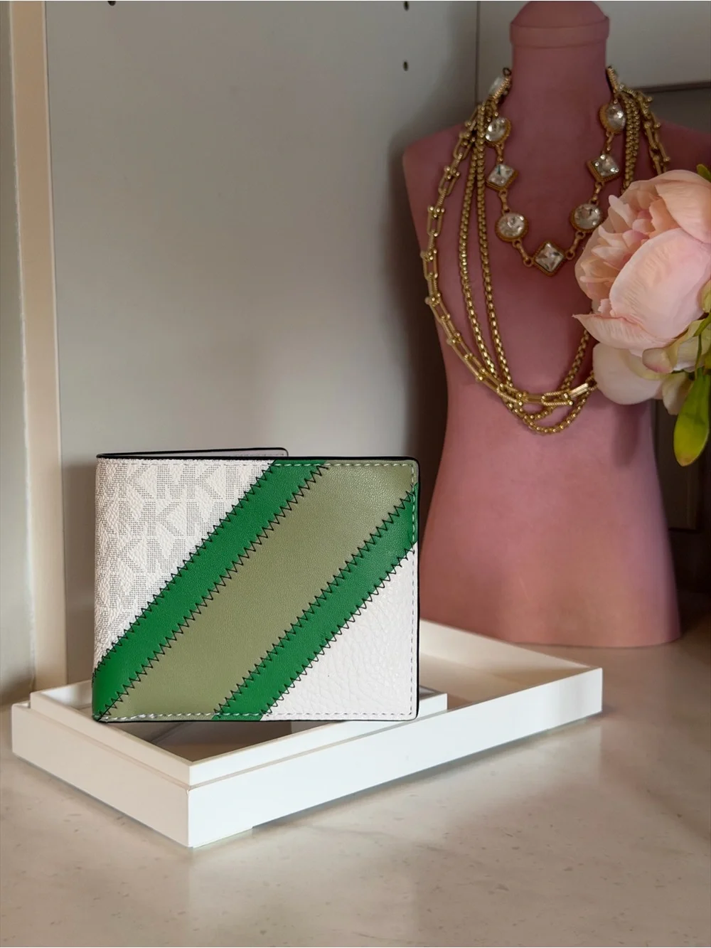 Michael Kors White Leather Bifold Wallet with Green Diagonal sport Stripes $178